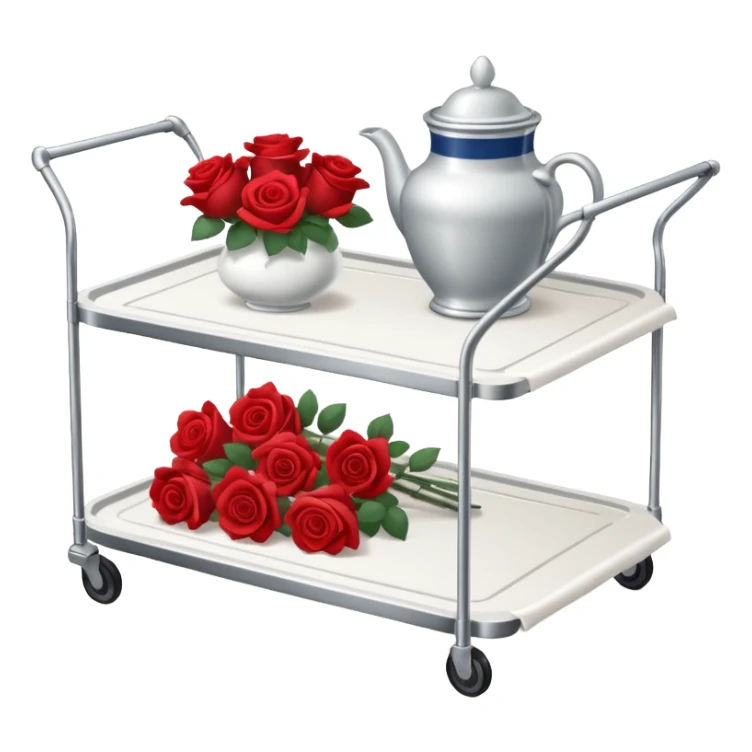 Room service trolley: A silver serving trolley with covered dishes, folded napkins, and a small flower vase. sticker