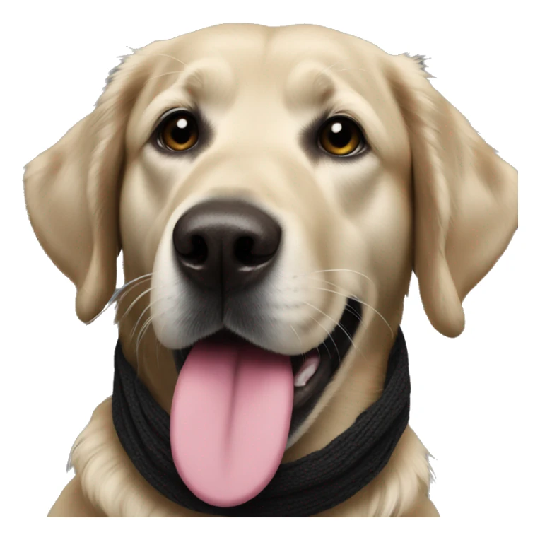 Black retriever with black spot on tongue, wearing scarf sticker