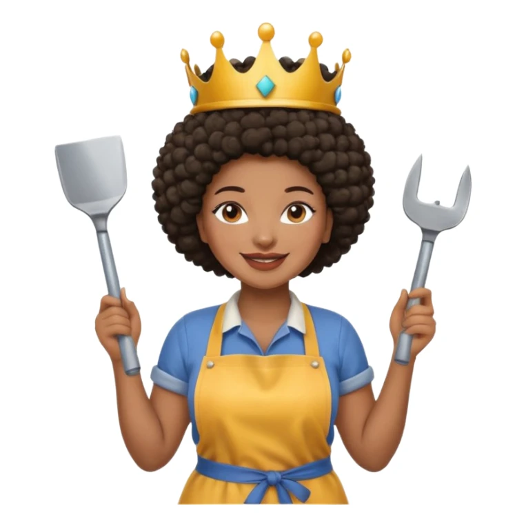 Mujer curvy afro, con vestimenta cómoda y delantal,con una corona sobre su cabeza y sonrisa contagiosa. En la mano herramientas de construcción sticker