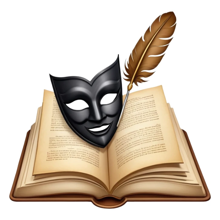An icon featuring an open book with flowing pages, a feather quill, and classic literary symbols like a theater mask and inkwell. The design includes a subtle parchment background with faint text lines, symbolizing the study of literature. Transparent background emphasizes creativity and analysis. sticker