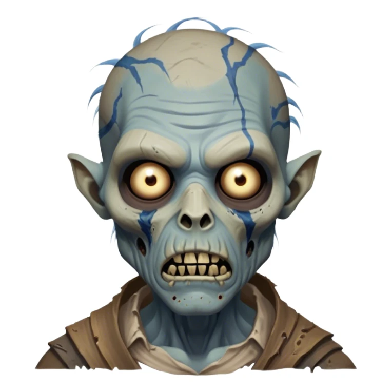 Cinematic Realistic WoW undead friendly zombie Portrait, depicted with decayed yet noble features, his weathered, pallid skin etched with ghostly blue veins and ancient scars. Clad in modest, tattered attire in muted browns and greys that remain consistently rugged, his hollow eyes burn with determined defiance. Rendered with lifelike texture and dramatic natural lighting, high shine, noble and resilient, capturing the stoic spirit of an undead veteran of Azeroth. sticker