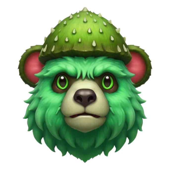 poisonous mushroom bear monster portrait, head and shoulders only, bear-like face, mushroom cap horns, toxic green aura, fluffy neck fur, fantasy beast style, 3D cartoon, mobile game icon style, clean background, no text, no watermark

 sticker