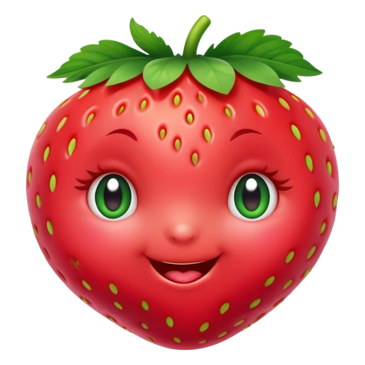 Cinematic plump happy strawberry, glossy bright red, tiny round eyes and blushing cheeks, green leafy top slightly tilted, cheerful and charming. sticker
