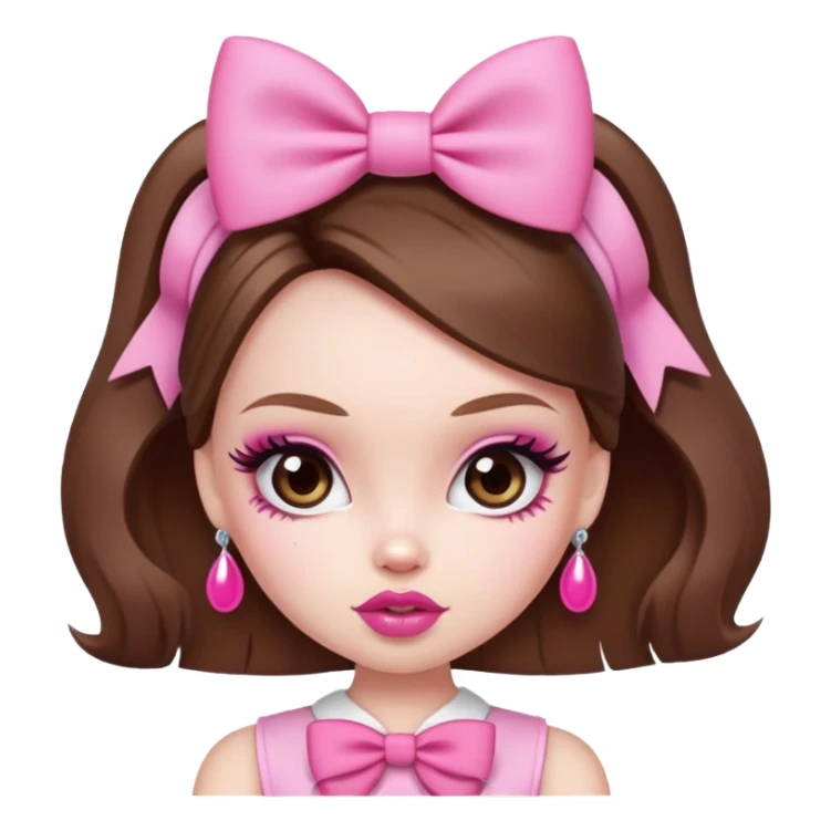 pretty bratz baddie, pale skin, brown hair, pink bow, cute sticker