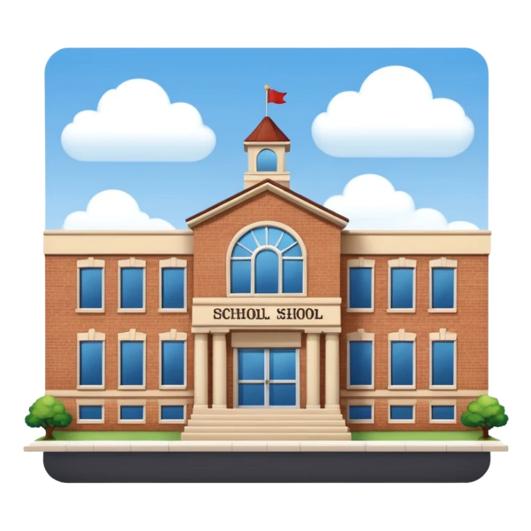 a full view of school building with a name board  sticker