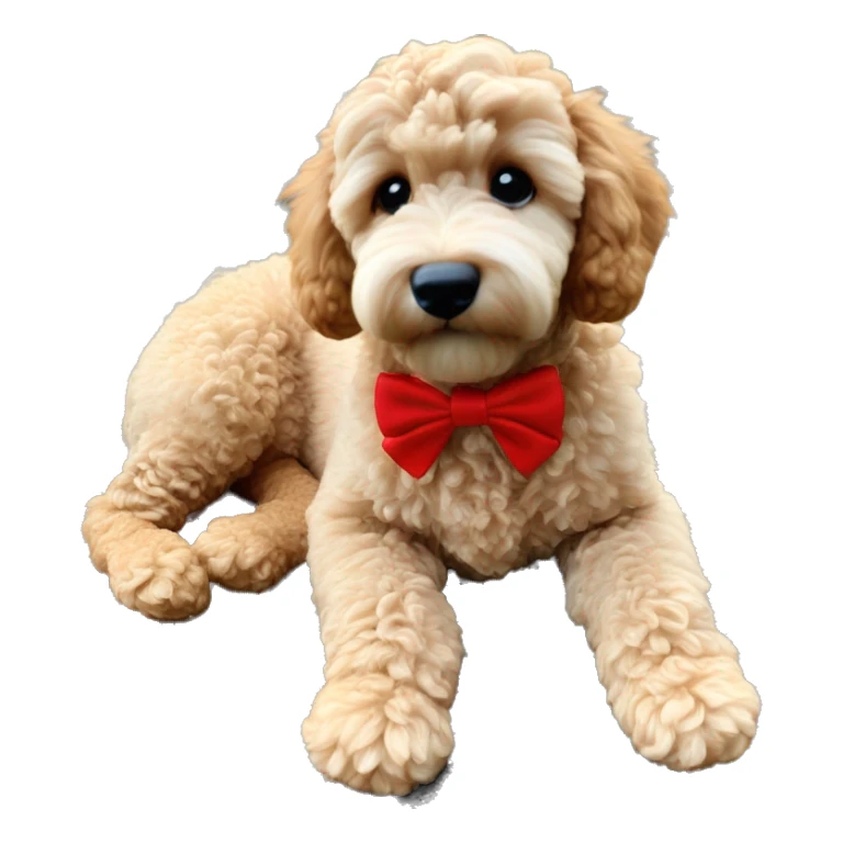 Ginger golden doodle. Baby. Full body sitting down. Red bow sticker
