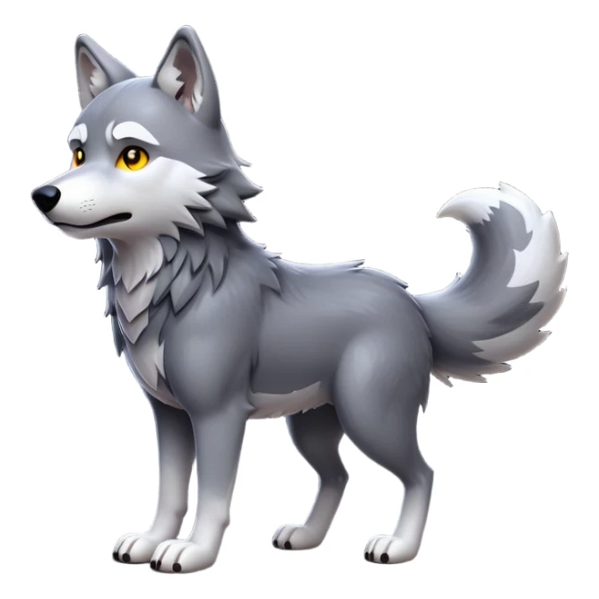 cinematic-[wolf]-realistic-full-body-standing-emoji,-tail-resting-loosely-beside-its-paws,-head-tilted-dramatically, -scruffy-[grey]-fur,-simplified-yet-realistic-focused-features,-highly-detailed,-glowing-with-an-almost-sarcastic-glow sticker