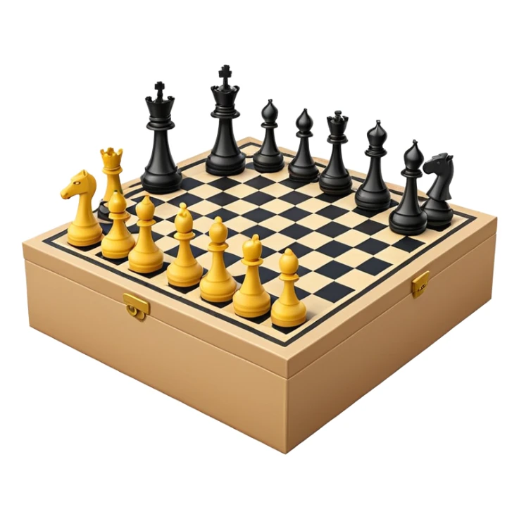 luxury open cardboard box with chessboard inside and scattered floating chess pieces, emoji style sticker