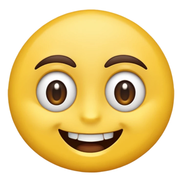 A hyper-realistic 3D render of a cartoon-style emoji face with exaggerated features. The emoji has a bright yellow, smooth, rounded face with large, shiny, expressive brown eyes and raised dark brown eyebrows. It shows an extremely wide, exaggerated smile with perfectly aligned, large  sticker