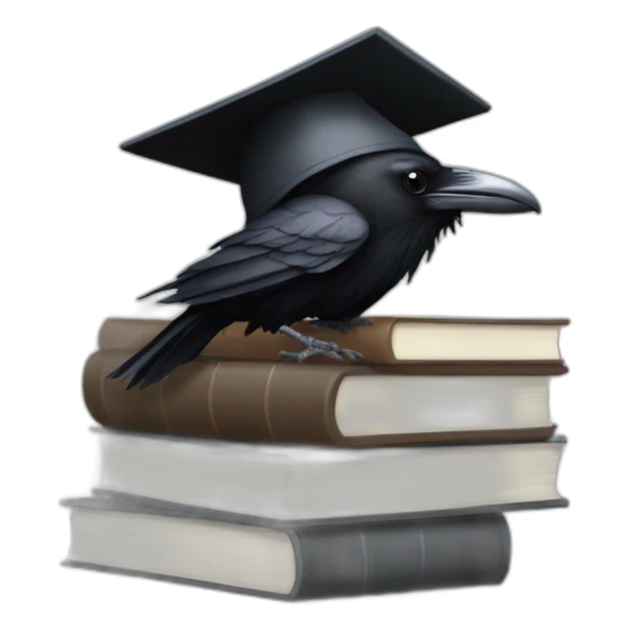 raven in student cap with a stack of gray and brown books sticker