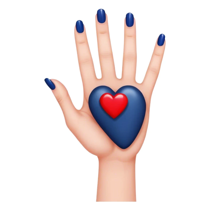 
a hand with a red manicure holds a dark blue heart with two fingers sticker