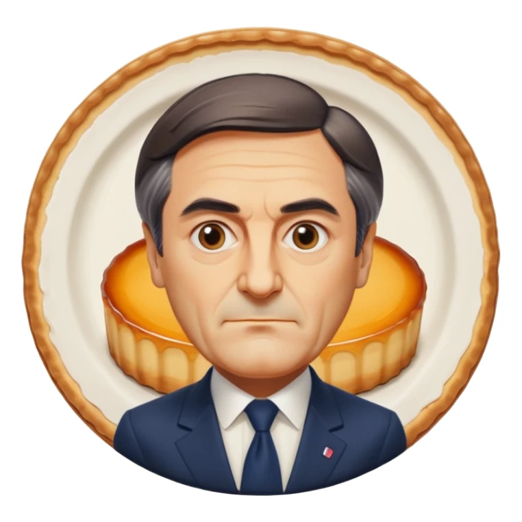 apple style emoji François Fillon's bust, whole head and face a single slightly translucent beige flan, all features flan, no human colors, on a round white plate sticker