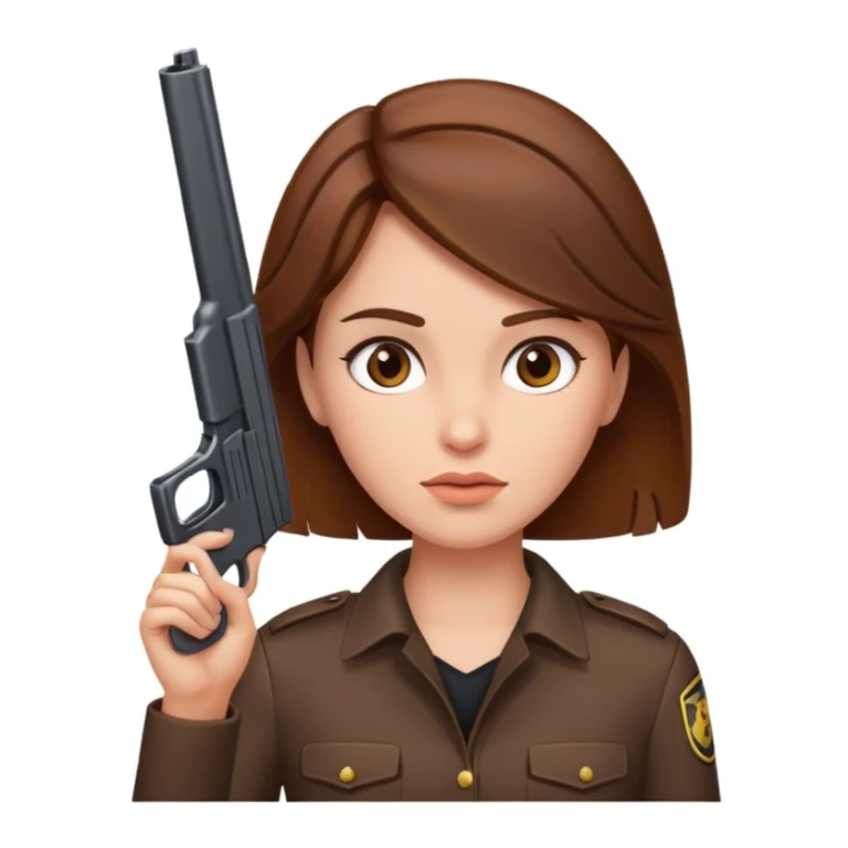 A lady with brown hair with a gun to her head sticker