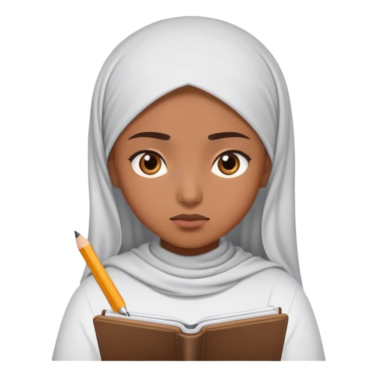 Muslim girl writing in notebook with difficulty, with confusion, emoji question sticker