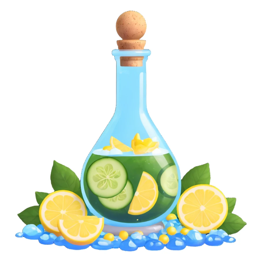potion bottle with a perfectly round floating bottom, very small cork, very short neck, filled with #00d9ff liquid, inside cucumber slices, lemon slices, ice cubes, edible flower petals, and magical sparkles, soft lighting, transparent glass, clean background, fantasy style sticker