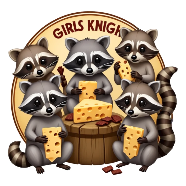 3 raccoons eating cheese and beef jerky one with the bubonic plague under a sign that says girls night sticker