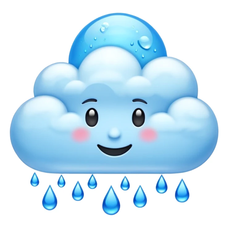 emoji-style clouds with blue raindrops falling. Glossy 3D look, transparent background, vibrant colors. sticker