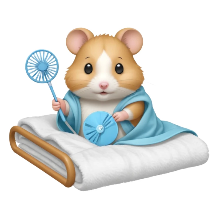 Hamster in hospital bed with a hand fan sticker