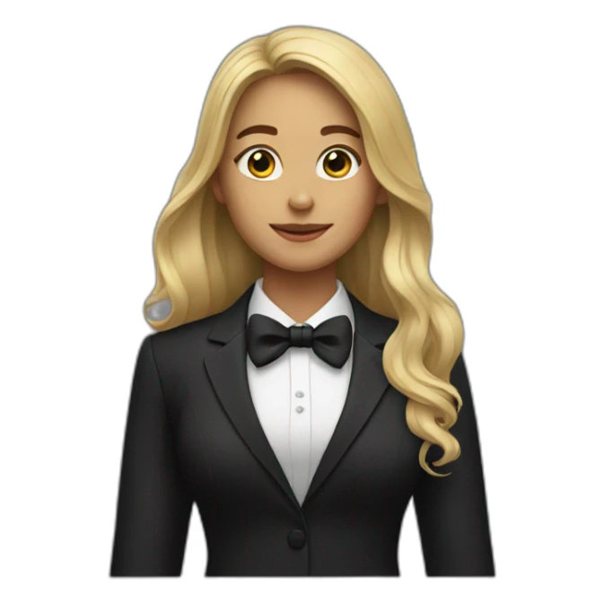 Woman with long hair wearing black suit with a black bow tie sticker