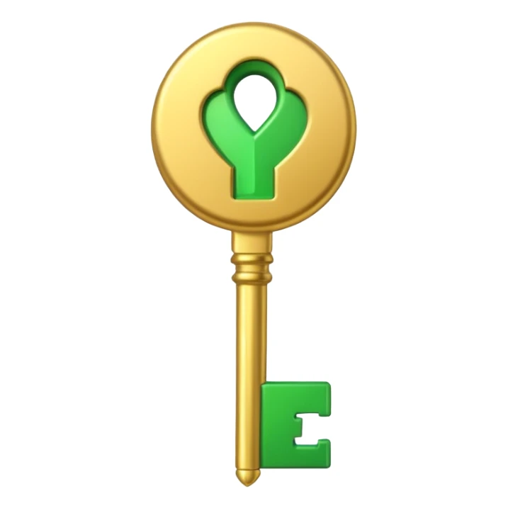 3D emoji, golden key, green check mark, professional style, white background. sticker