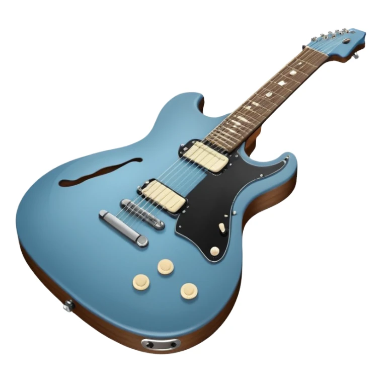 A gray-blue electric guitar with a black pick guard and only one volume knob sticker