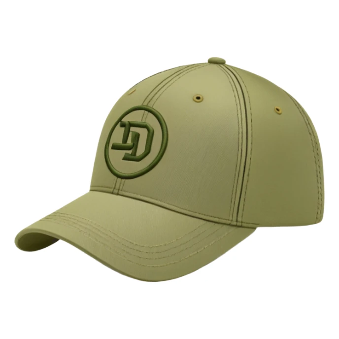 Khaki colored Diesel baseball cap with distinctive Diesel logo embroidered on front, olive green hat sticker
