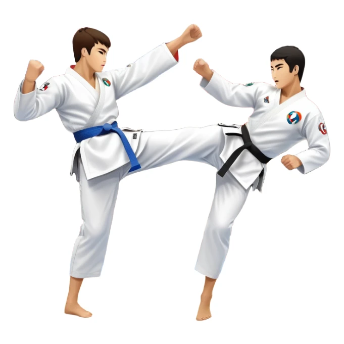 Two taekwondo fighters in a competition arena, one performing a high spinning kick towards the opponent’s head, while the other blocks with a precise guard. The background features a dynamic, bright arena with flags, emphasizing speed and agility in the martial art. Transparent background  sticker