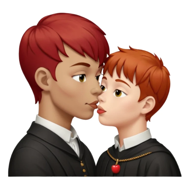 a boy without glasses, short brown hair shaved on the sides with a small fringe, kissing a robust religion teacher with red hair and lowered mask on the neck, Apple emoji style sticker