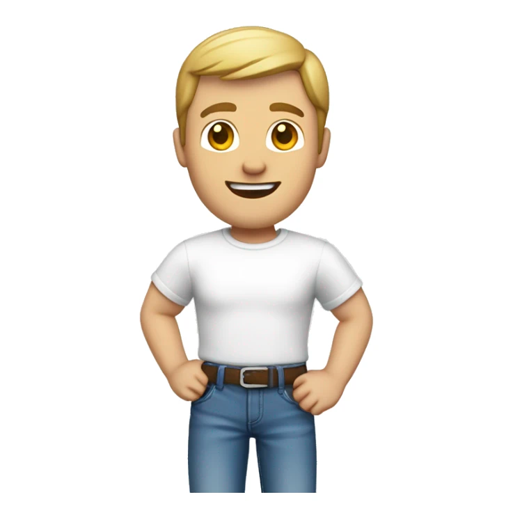 a caucasian male, full body. waving with his left hand. From the front.  Dressed with a round collar, white tshirt and blue jeans sticker