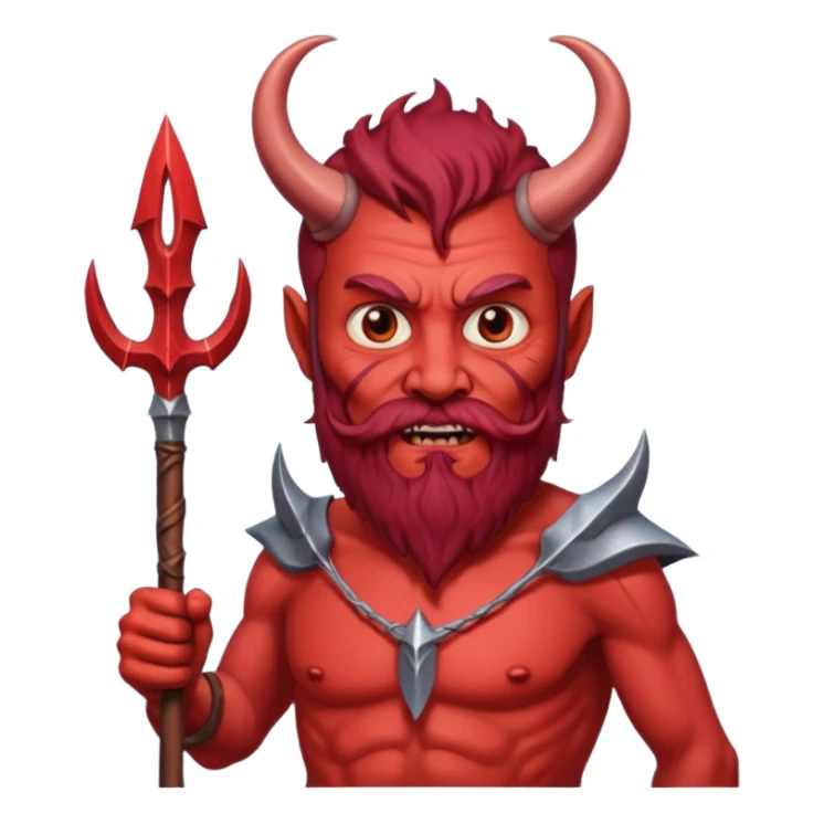 satan emoji holding a trident. make him red and scary. make him older with a beard sticker