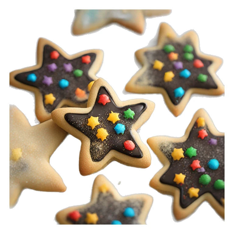 Create a smiley Christmas cookie in the shape of a star or snowflake. The cookies are decorated with black icing and sprinkled with colored sugar. It should look appetizing and festive sticker