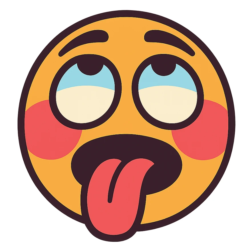vibrant toon style blushing face with eyes rolled up and tongue out sticker