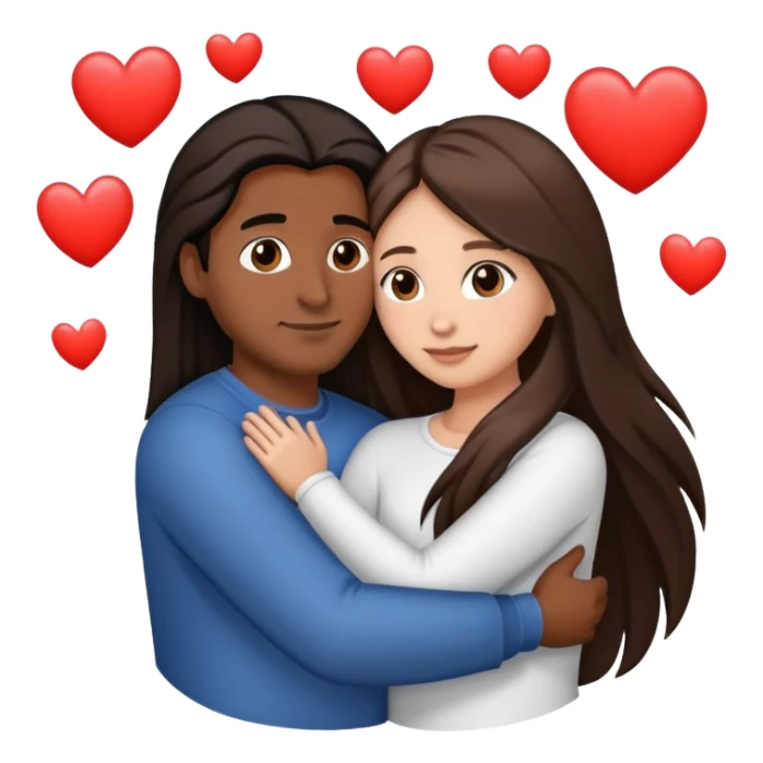 A couple hugging. The man has medium brown skin, dark brown slightly long straight hair. The woman has fair skin, long dark brown hair. White hearts around them. sticker