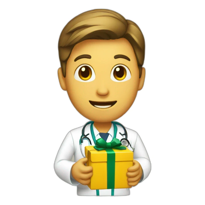 yellow doctor holding a Christmas present sticker