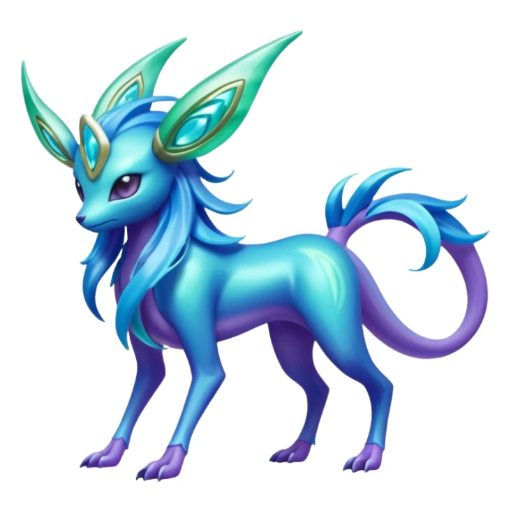 Futuristic shiny pastel bioluminescent transparent translucent iridescent glowing neon cool tough evil Suicune-Bayleaf-Celebi-Pokémon-Fakémon-hybrid-creature sticker