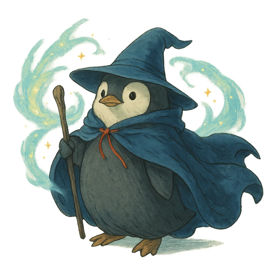 penguin wizard with a flowing cloak and magical aura sticker
