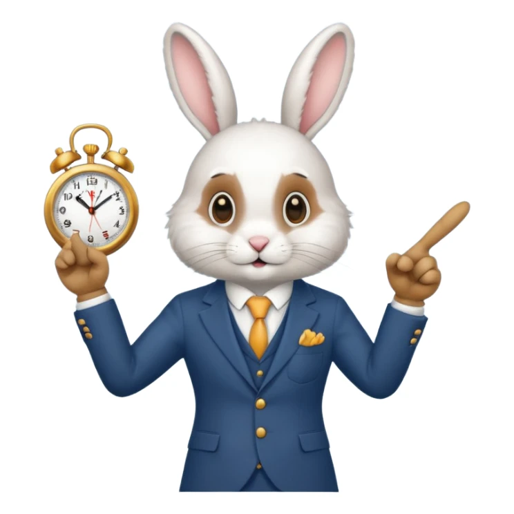 A rabbitwearing a suitand holding a clockand pointing at the clock sticker