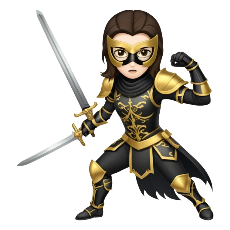Brunette sword fighting assassin with a mask and black and gold armour sticker