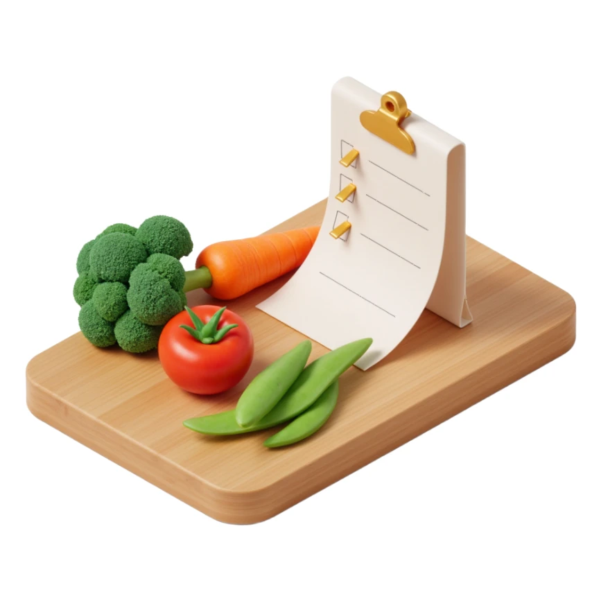 "3D isometric illustration of a wooden cutting board with fresh vegetables (carrot, broccoli, tomato, peas), a paper grocery list with checkboxes, soft lighting, realistic textures, floating shadows, minimalistic style, dark background, modern food planning app aesthetic sticker