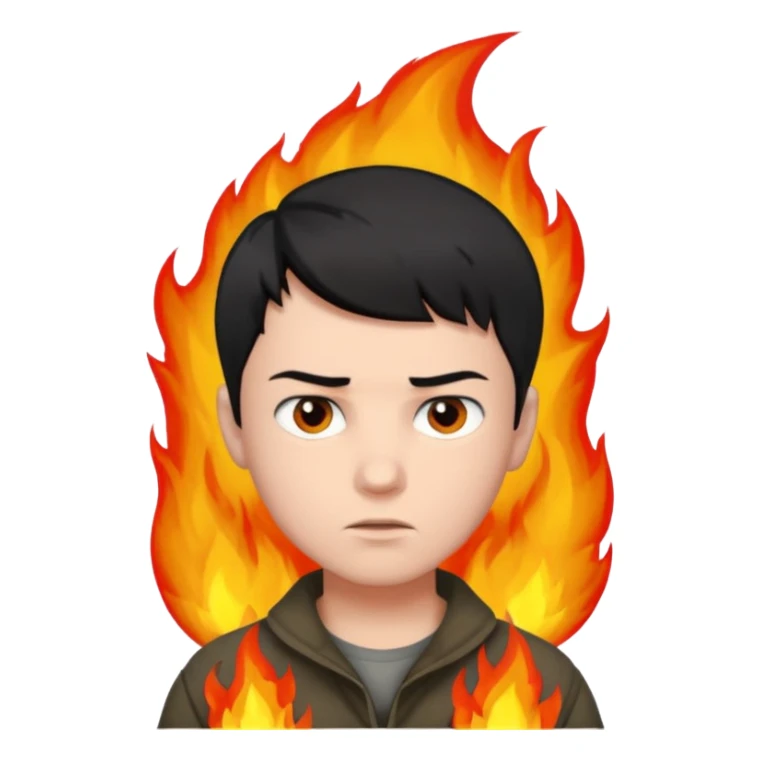 boy with short black hair, fire, risk-taker, realist sticker