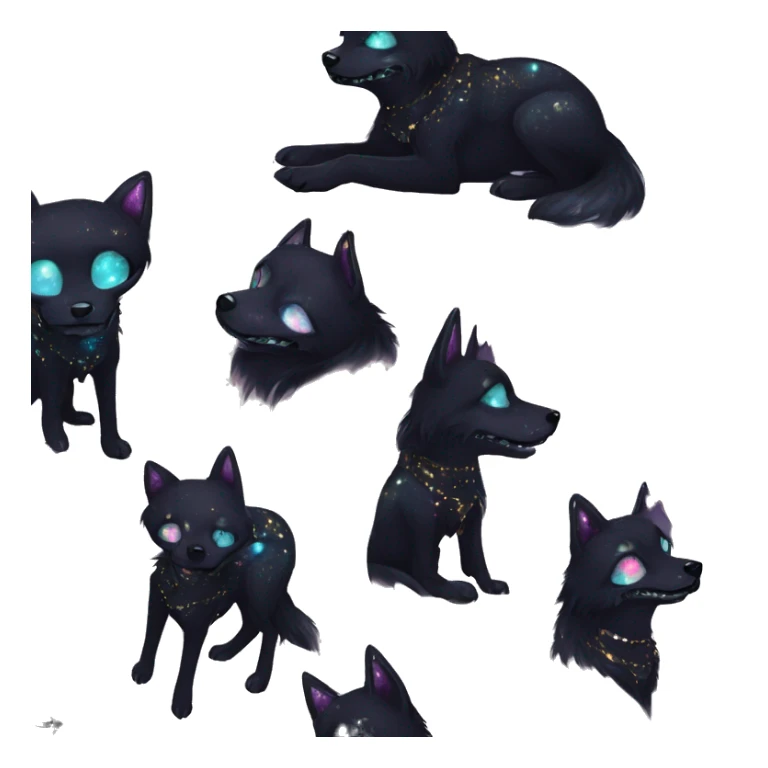 Black iridescent dog fox zombie skeleton gold mechanical nebula galaxy stars flowers fairy lights vintage sticker