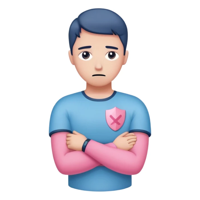 avoidant person with guarded neutral expression and slightly distant eyes, body posture leaning away with arms crossed creating emotional barrier, small shield or wall symbol nearby, phone face down being ignored, minimal soft rounded design with gentle blue and pink colors matching anxious attachment style sticker