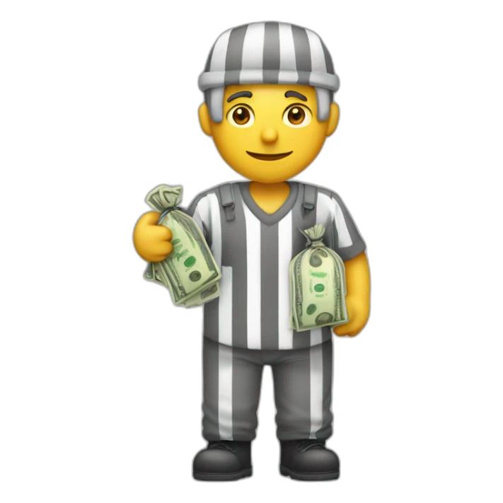 A prisoner with a bag of money with $ written on it sticker