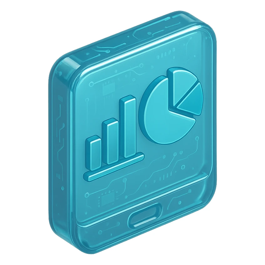 Minimalist icon of a bar chart and pie chart on a digital screen, flat design, , cyan blue sticker