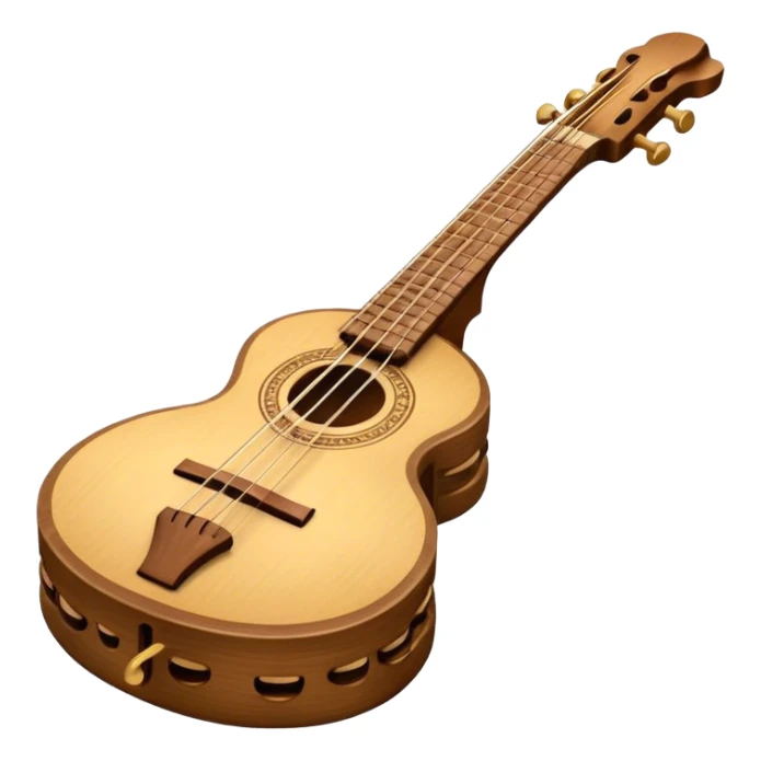 Create an elegant and traditional emoji representing a domra. The design should feature the round, wooden body of the domra with its distinct three or four strings. Include delicate details like the tuning pegs, the fingerboard, and the bridge. The wood of the domra should have a rich, warm tone, and the strings should be subtly highlighted to show their importance. Add a small musical note or two floating around to evoke the folk music it is used for. Use earthy tones like brown and gold to emphasize its classic, rustic feel. The background should be transparent. sticker