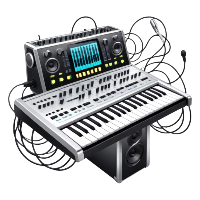 Create a professional and detailed emoji that represents sound design equipment. The design should feature a high-end Korg synthesizer, a sound mixing console, and a control panel with audio cables connecting to large studio speakers. Surround the equipment with sound waves made of musical notes to symbolize the creative process of shaping sound. Use sleek colors like silver, black, and neon accents to highlight the high-tech nature of the equipment. The background should be transparent. sticker