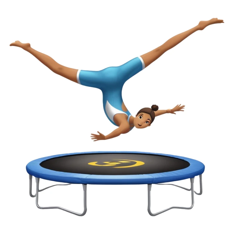 An athletic person soaring high above a trampoline, executing an acrobatic flip with perfect form. The scene captures motion and energy, with a dynamic pose, stretched limbs, and a focused expression. The background suggests a professional trampoline arena with safety padding. sticker