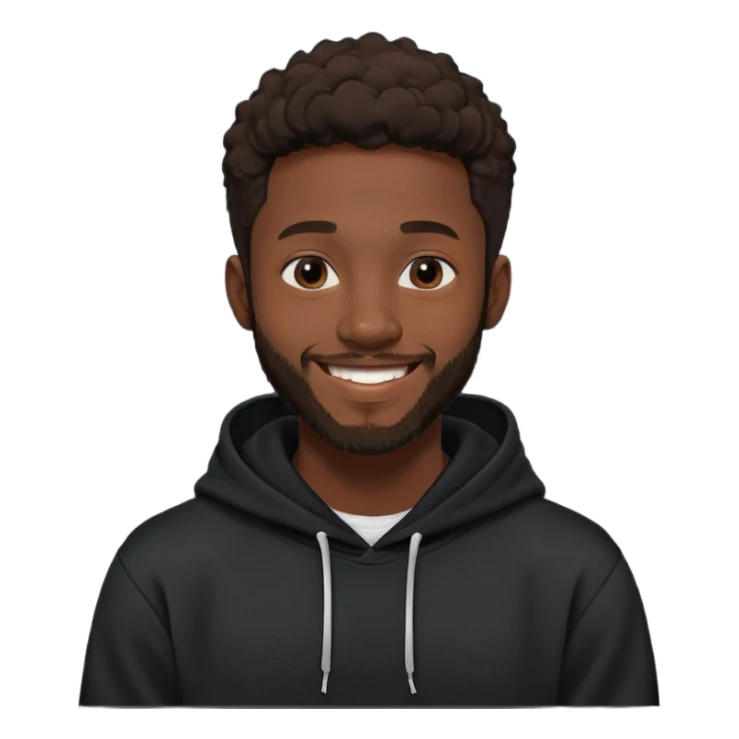 African yound man in his late 20s with a  bright smile with a short boxed beard, black hoody in Pixar cartoon style sticker