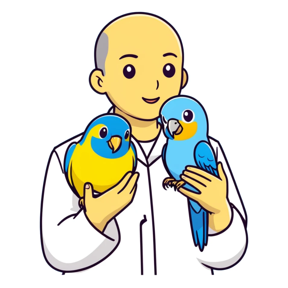 Armando with blue parakeet at the Vet sticker