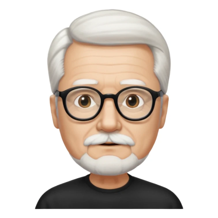 An elderly man with neatly combed white hair swept back and wears black rectangular glasses. His face is oval-shaped with  a small white beard.  sticker